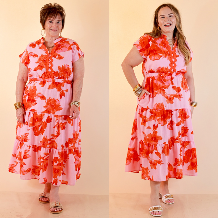 Petals at Play Ric Rac Trim Flutter Sleeve Tiered Midi Dress with Floral Print in Pink and Orange