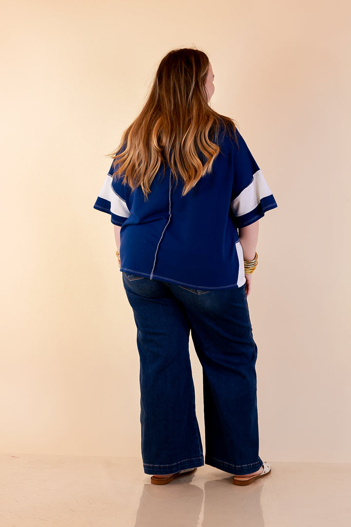 Simply Striking Color Block Rugby Style Wide Stripe Relaxed Short Sleeve Top in Navy Blue