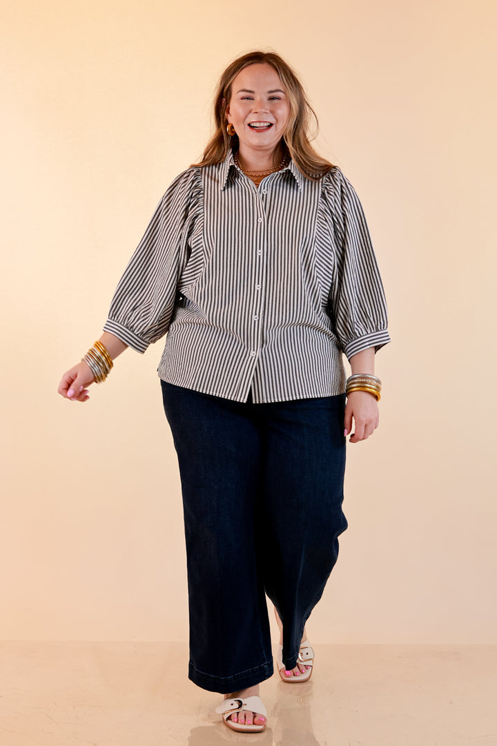 Crisp and Collected Stripe Button Front Collared Top with Puff Short Sleeves in Black and White