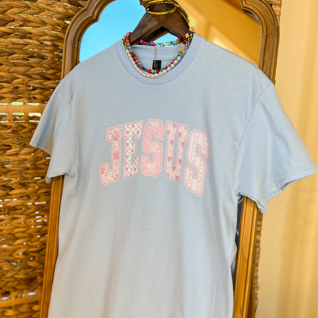 Faith in Full Bloom "Jesus" Print Short Sleeve Graphic Tee in Light Blue