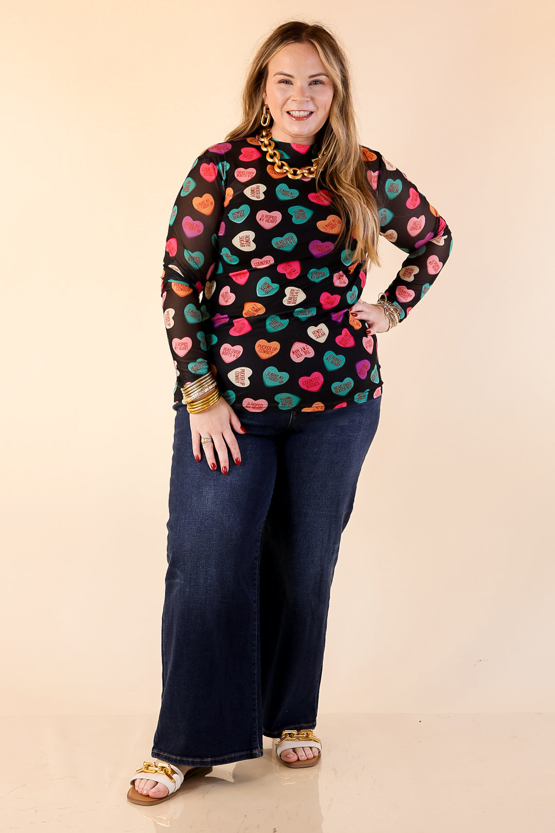 Sheer Confidence Western Theme Conversation Heart Print Mesh Long Sleeve Top in Black