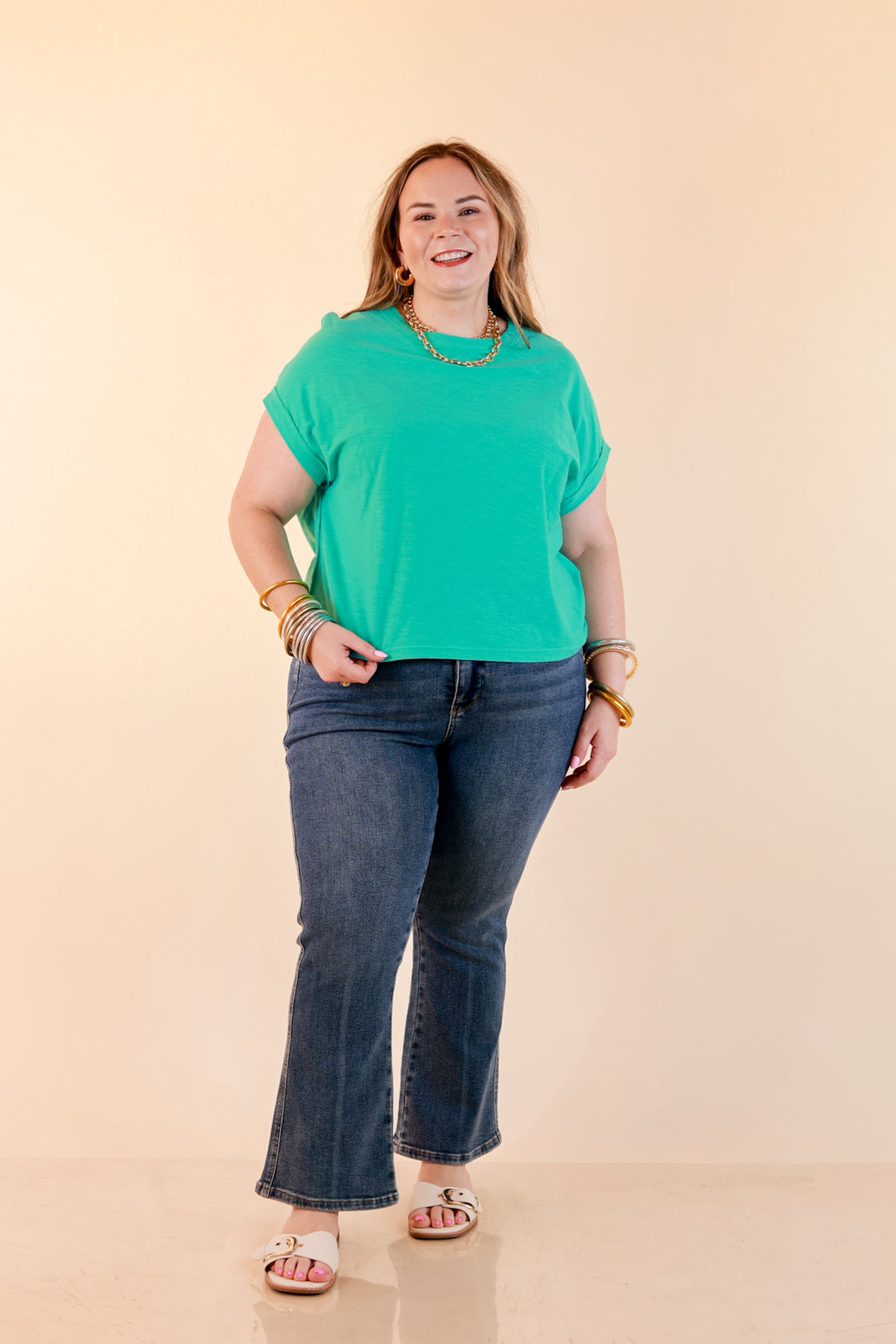 Laidback Luxe Rolled Drop Sleeve Relaxed Fit Basic Short Sleeve Top in Mint Blue