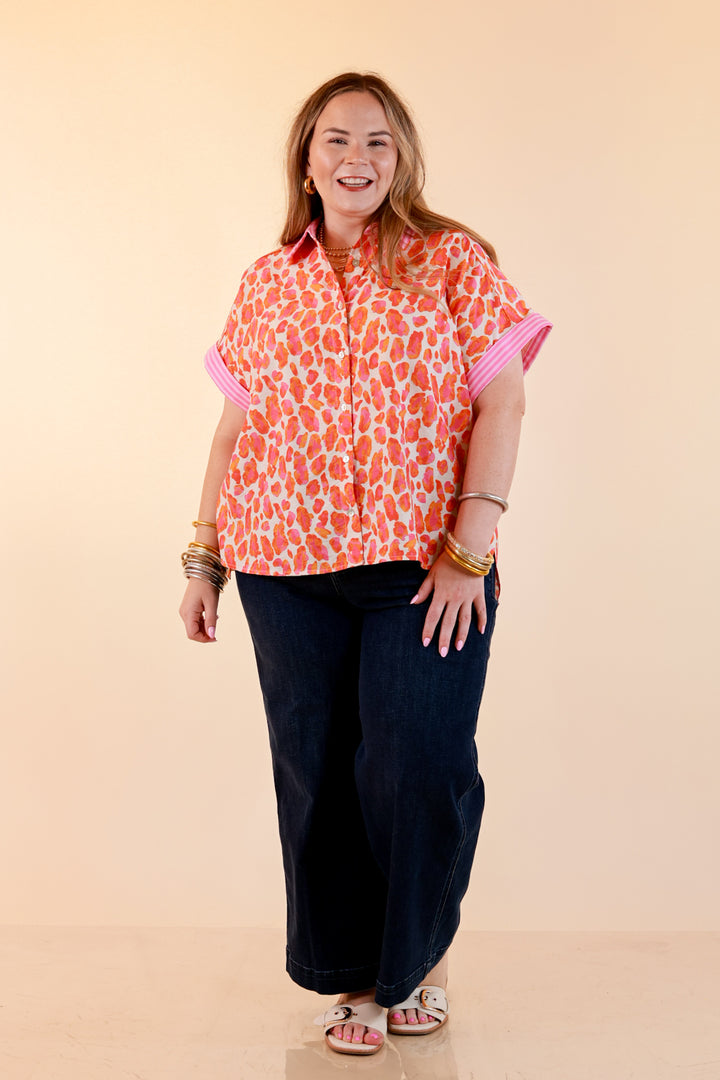 Talk the Talk Leopard Print Button Front Top with Stripe Contrast Collar in Pink and Orange