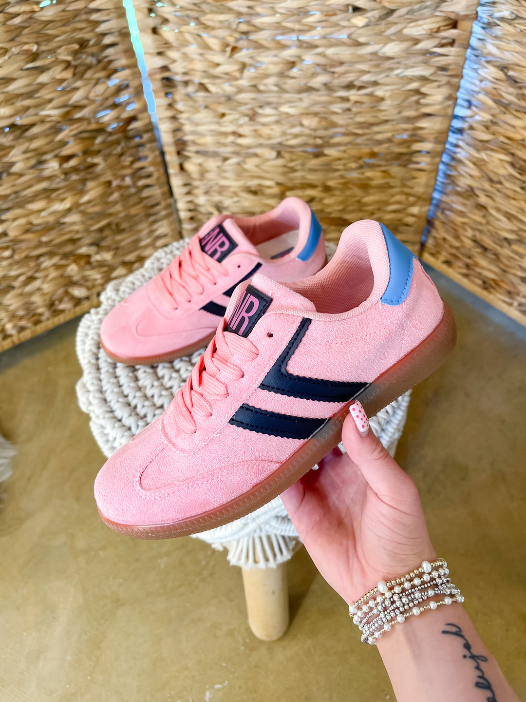 Naughty Monkey | Right on Track Retro Lace-Up Sneaker in Pink with Black Stripes