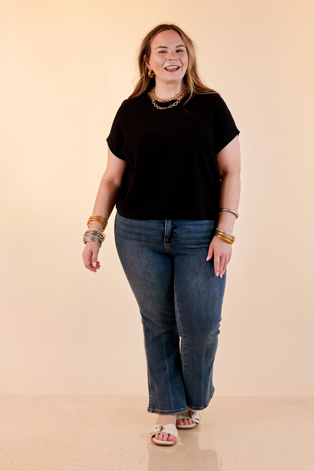 Laidback Luxe Rolled Drop Sleeve Relaxed Fit Basic Short Sleeve Top in Black