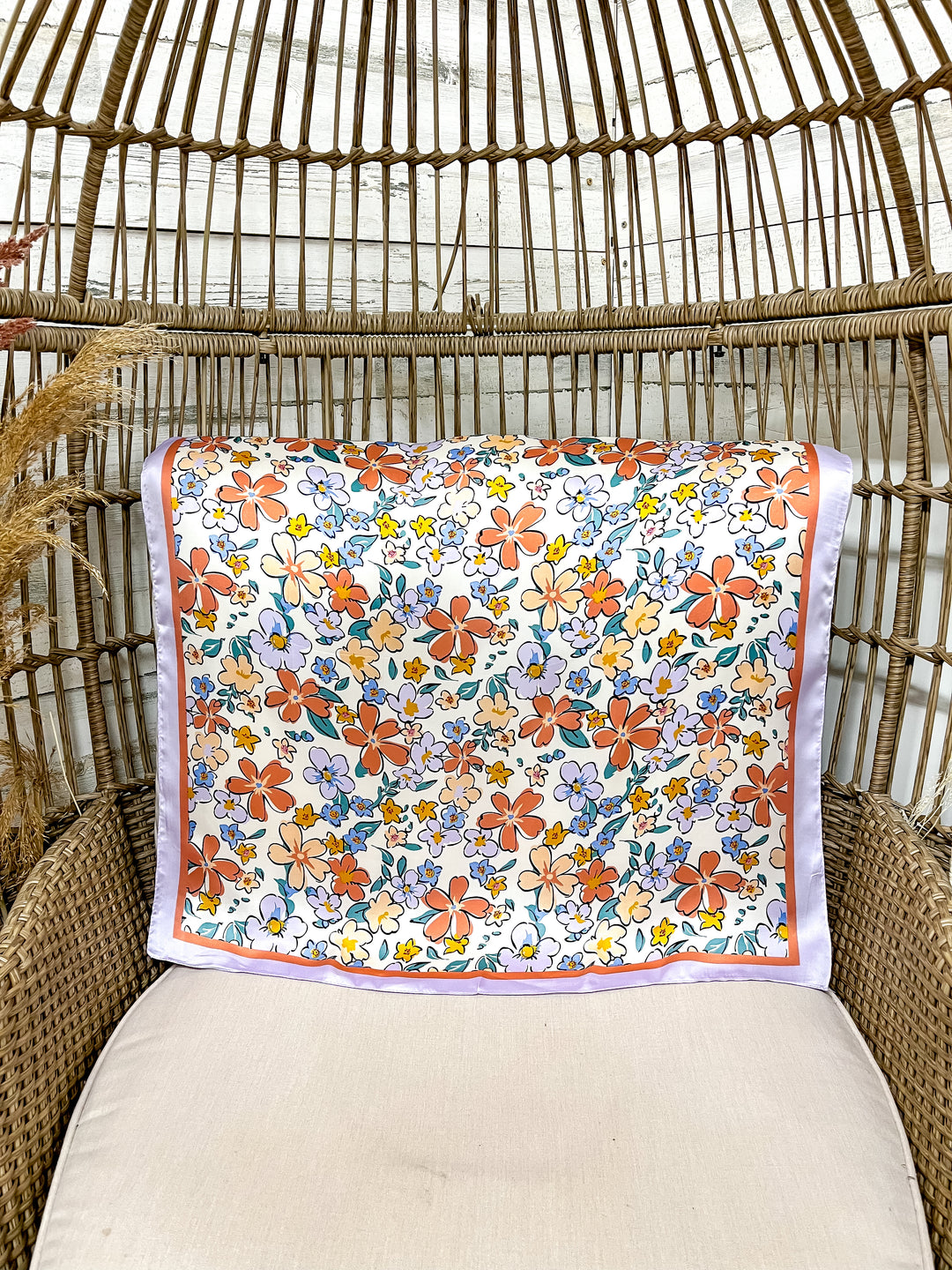 Retro Meadow Floral Print Silk Feel Square Scarf in Lavender, Coral Pink and Blue