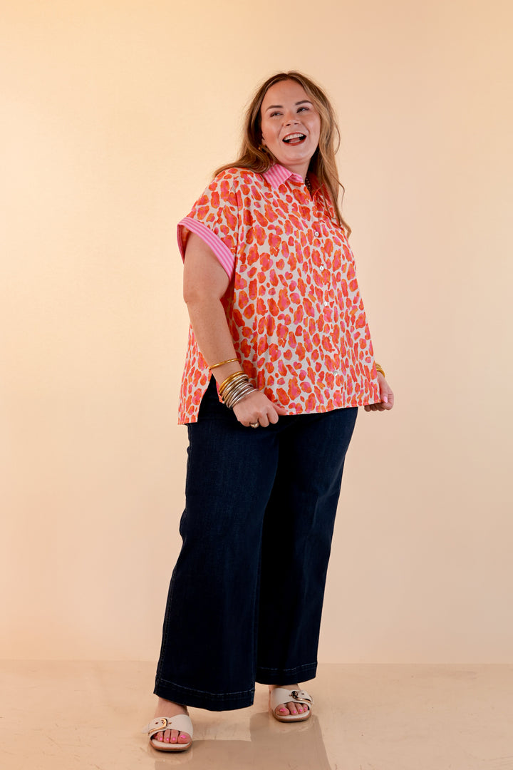 Talk the Talk Leopard Print Button Front Top with Stripe Contrast Collar in Pink and Orange