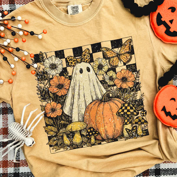 Online Exclusive | Checker Ghost Floral Graphic on Short Sleeve Comfort Color Tee in Mustard Yellow