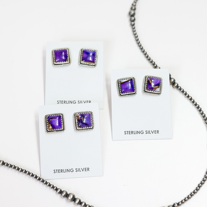 Hada Collection | Handmade Sterling Silver Square Stud Earrings with Violet Rose Remix Stones