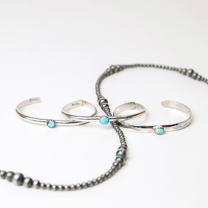 G S Navajo | Native American Handcrafted Sterling Silver Cuff with Center Turquoise Stone - Baby Size