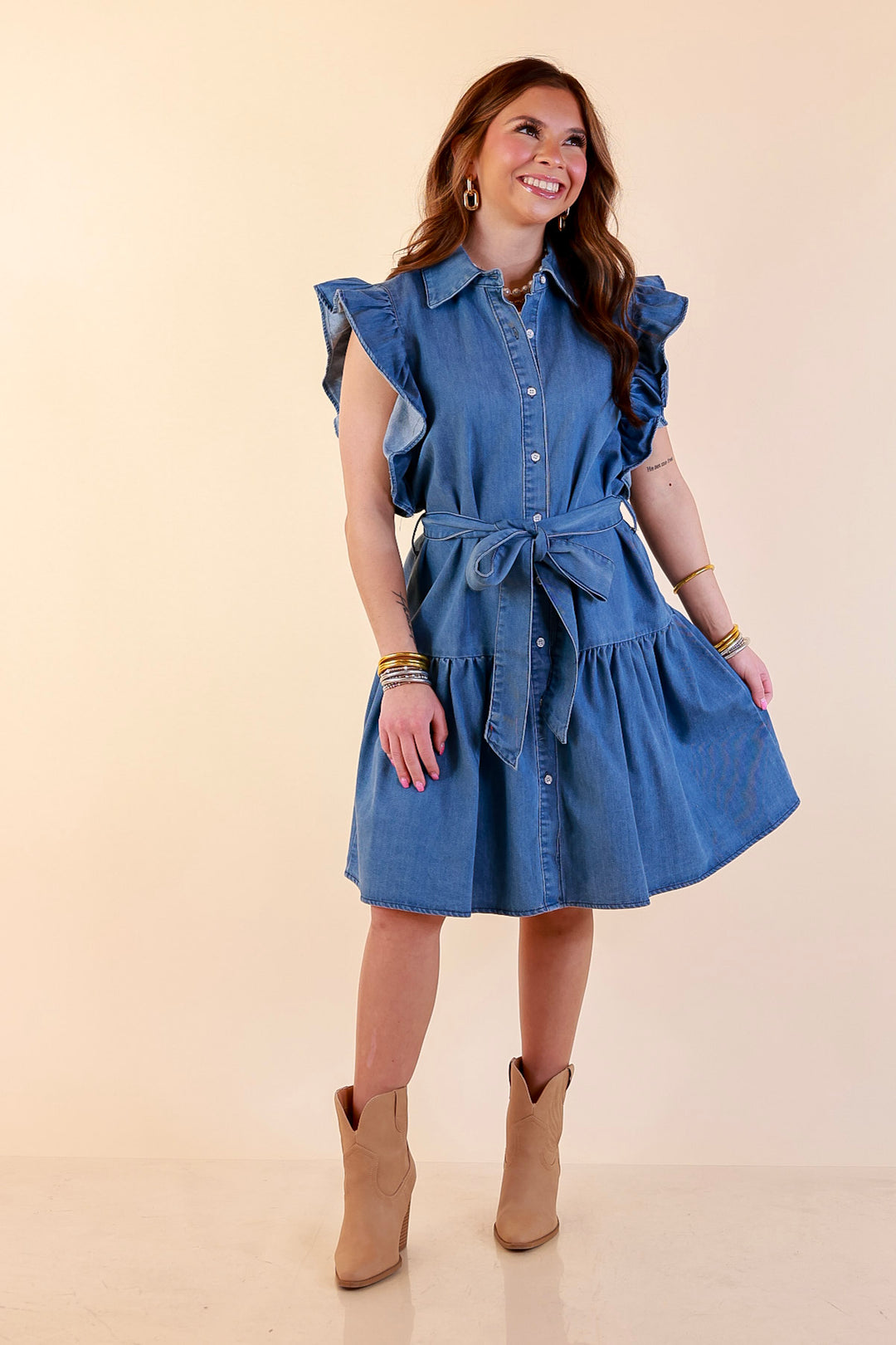 Ruffled up Ruffle Sleeve Button Front Denim Dress with Collar and Peplum Hem in Medium Wash