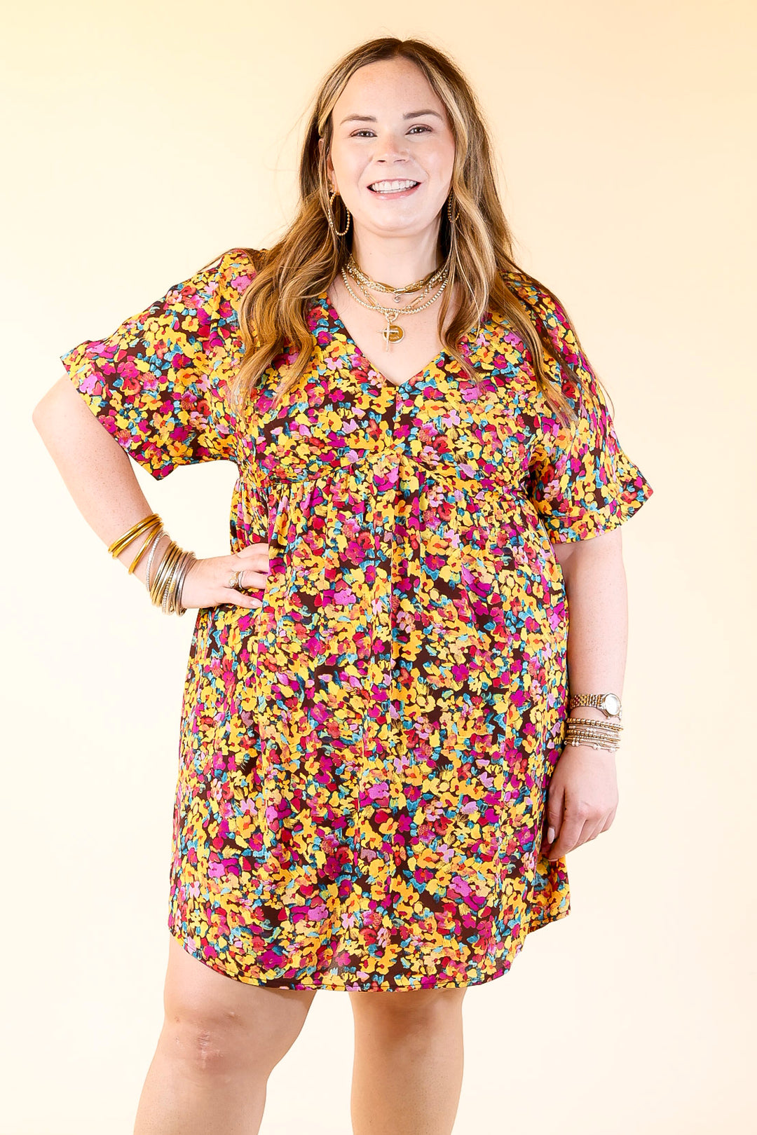 Fresh Blossoms Floral Print Babydoll Dress with V Neck in Brown