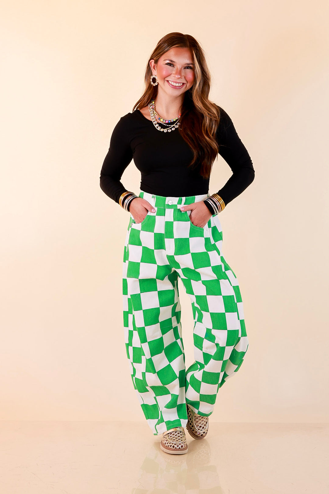 Check Me Out Wide Leg Checkered Print Barrel Denim Jean in Green