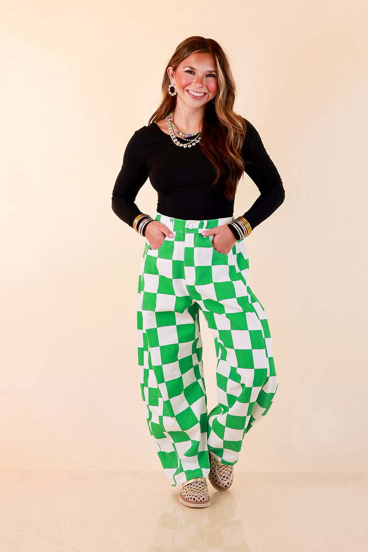Check Me Out Wide Leg Checkered Print Barrel Denim Jean in Green