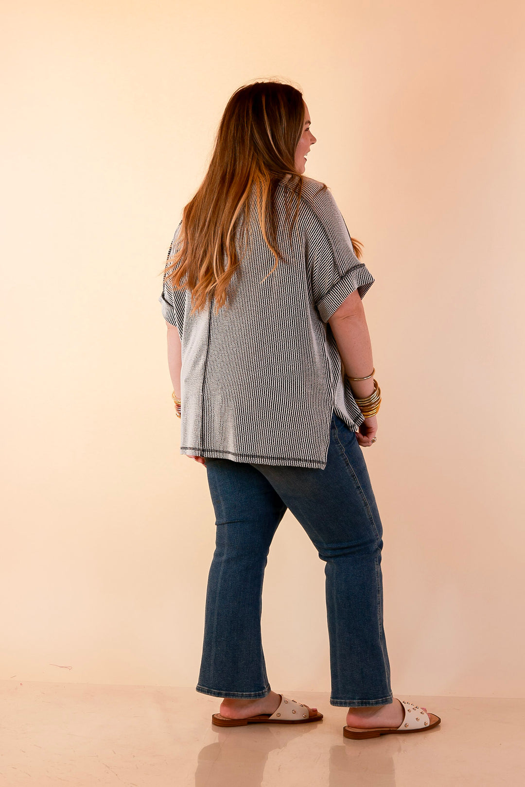 Daily Perfection Scoop Neck Short Sleeve Ribbed Top in Black and White Mix