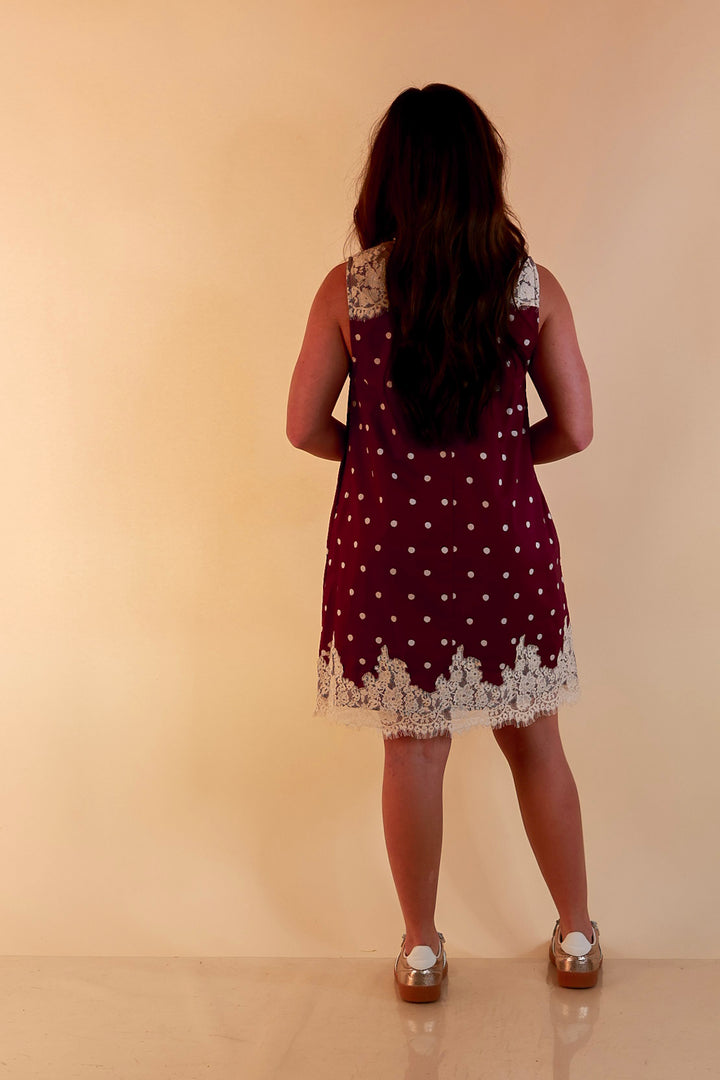 Lovely Little Details Polka Dot Lace Trim Sleeveless Shift Dress in Maroon and Ivory