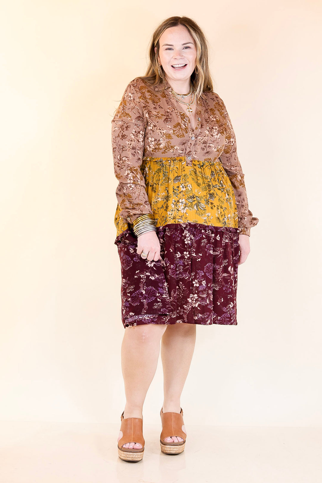 Among the Flowers Floral Ruffle Tier Long Sleeve Dress in Taupe, Mustard, and Burgundy
