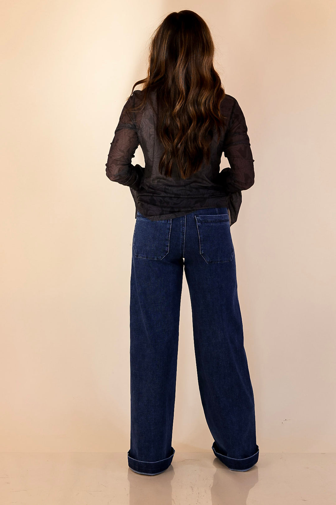 Sheer and Sophisticated Tooled Print Long Sleeve Mesh Top with Ruffle Sleeves in Black