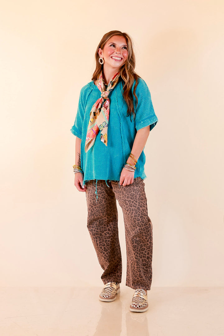 Everyday Ease Short Sleeve Linen Top with Raw Hem Edges in Turquoise Blue
