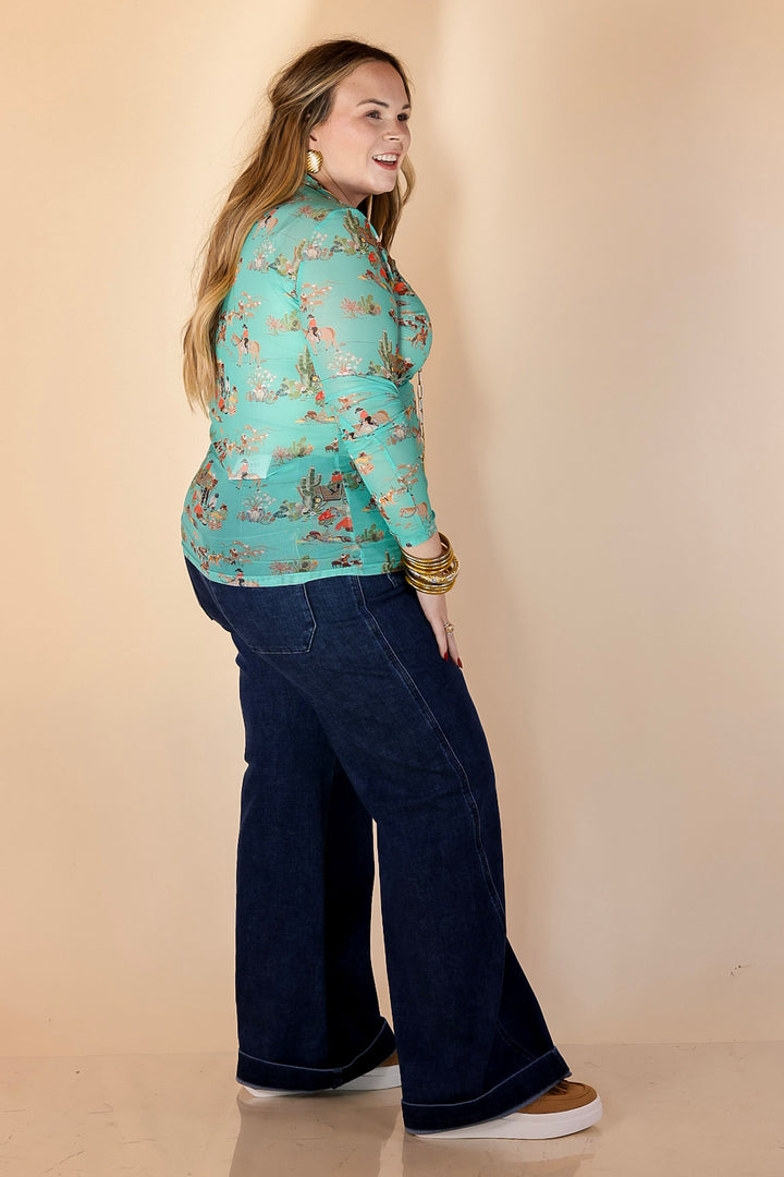 Western Dream Cowboy Cattle Drive Print Long Sleeve Mesh Top in Turquoise Blue