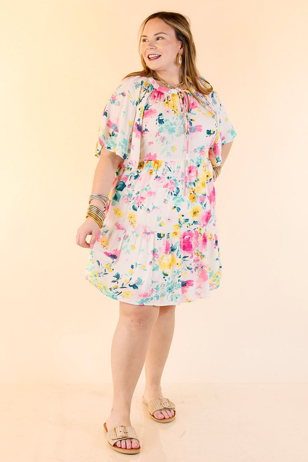 Piece Of Paradise Tiered Floral Dress with Keyhole in Ivory
