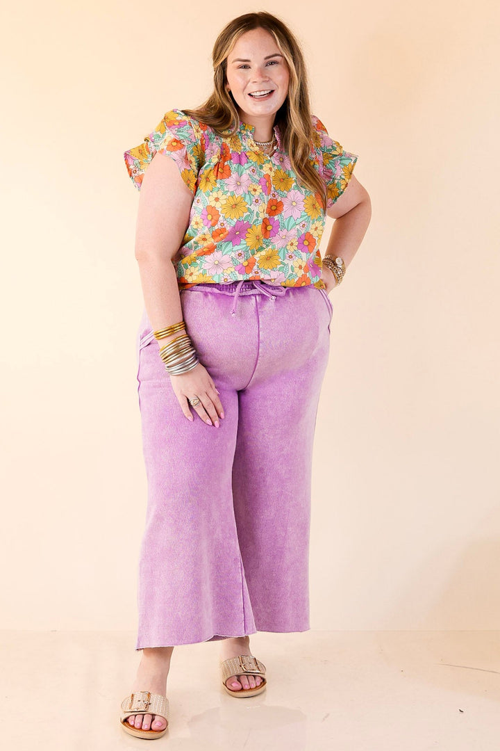 Cozy Girl Cropped Acid Washed Drawstring Pant in Violet Magenta