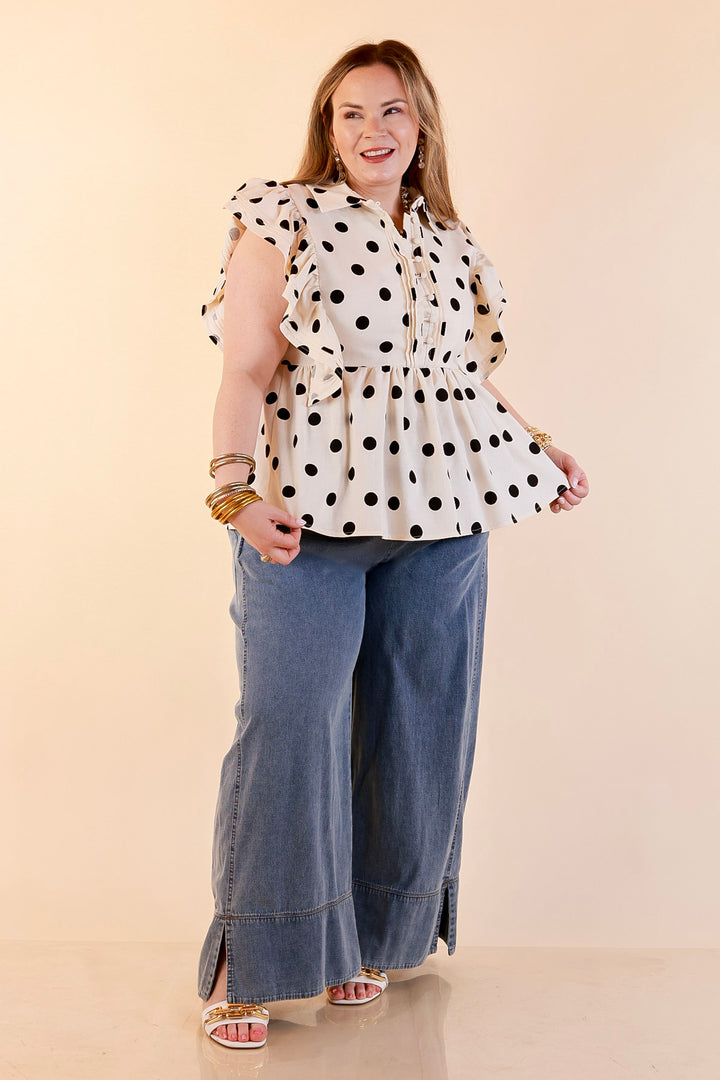 Spot on Style Ruffle Cap Sleeve Button Front Peplum Top with Black Polka Dot Print in Cream