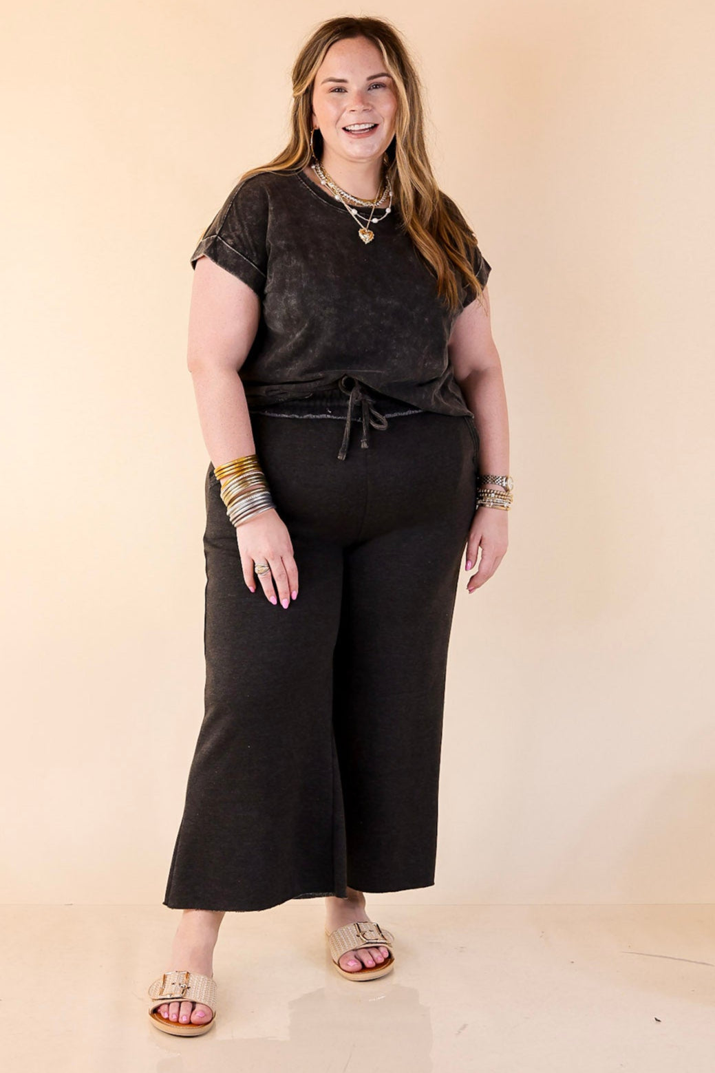 Cozy Girl Cropped Acid Washed Drawstring Pant in Black