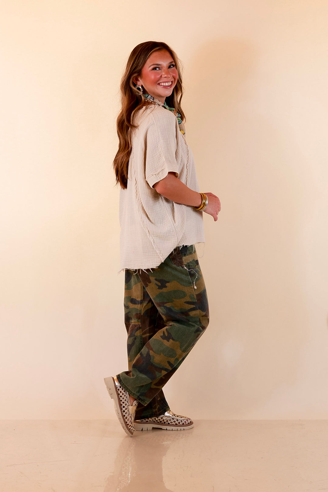 Everyday Ease Short Sleeve Linen Top with Raw Hem Edges in Natural Beige