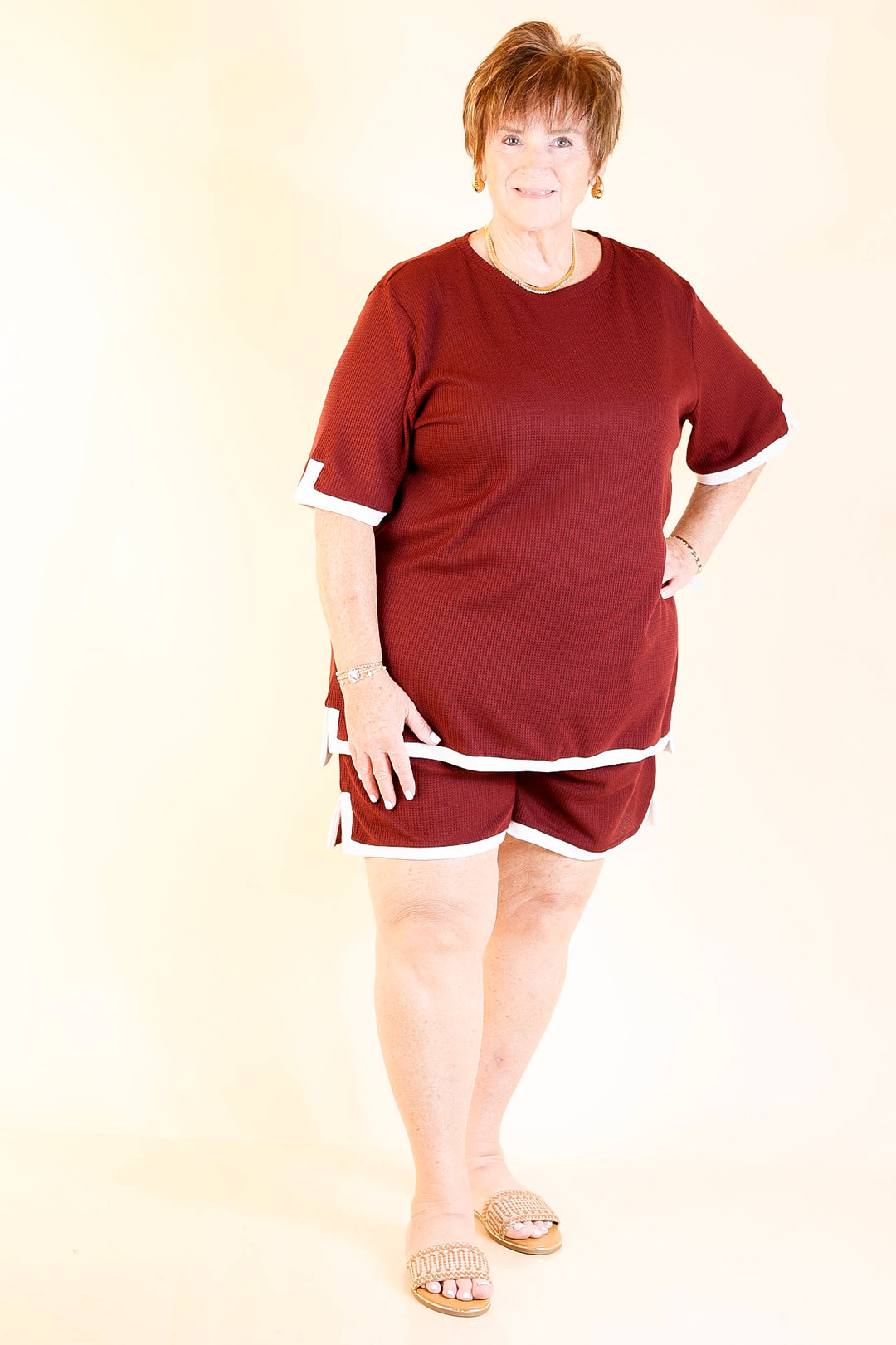 Calm and Collected Matching Set with White Trim in Maroon