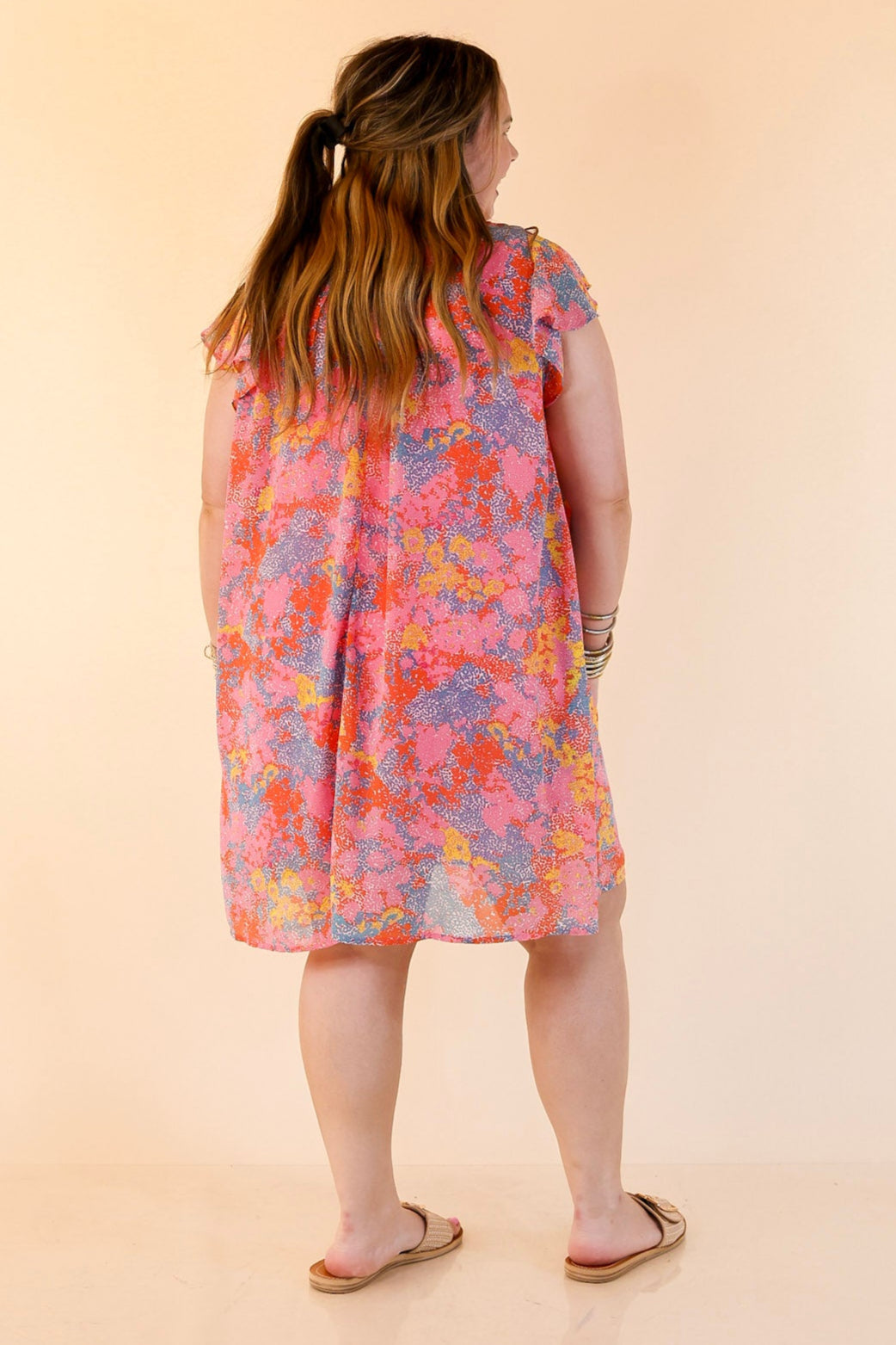 Out On The Town Ruffle Sleeve Floral Dress in Light Pink