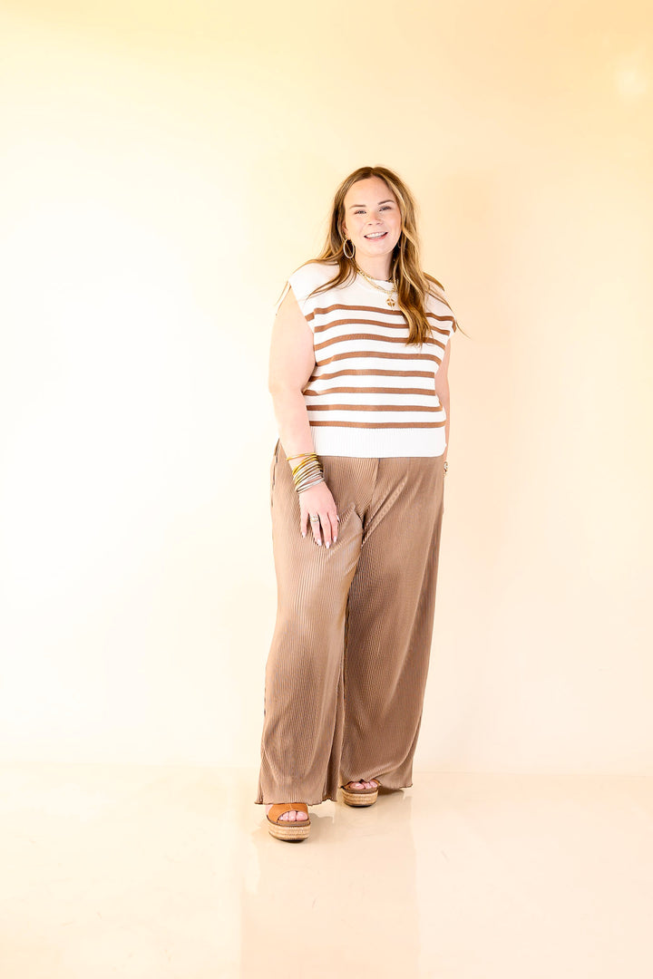 Stripe Things Up Drop Shoulder Knit Sweater in White with Tan Stripes