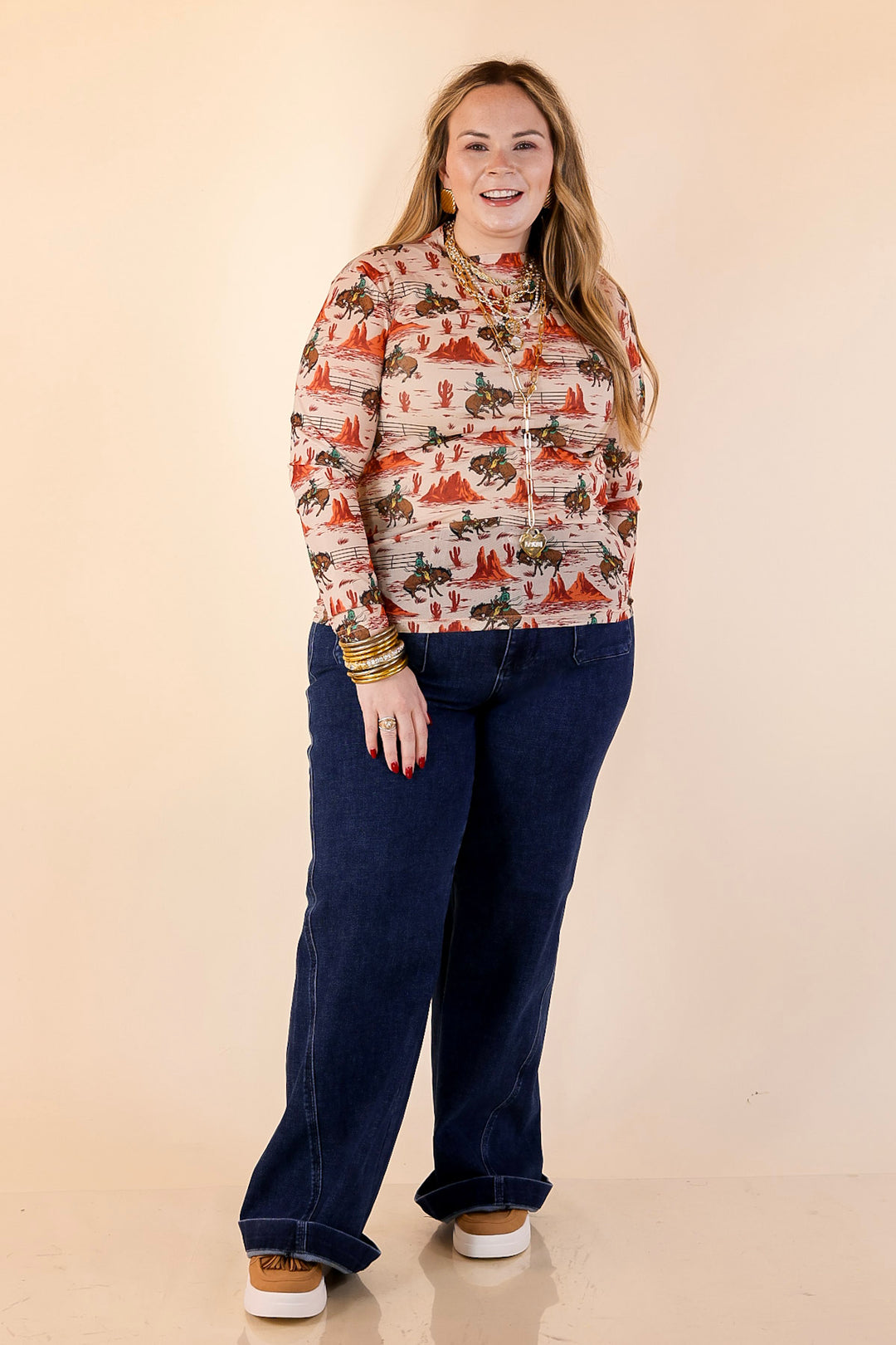 Sheer Confidence Western Red Rocks and Bronc Rider Mesh Long Sleeve Top in Cream