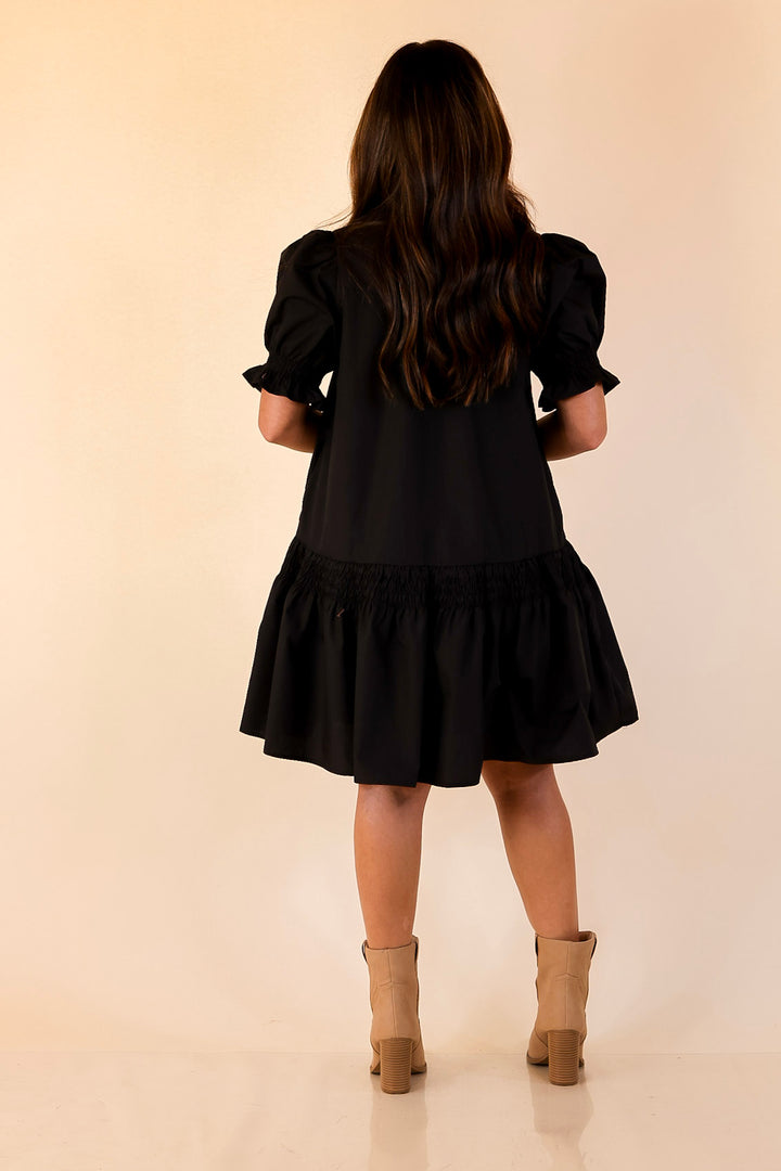 Sugar and Chic Peplum Solid Dress with Puff Sleeves in Black