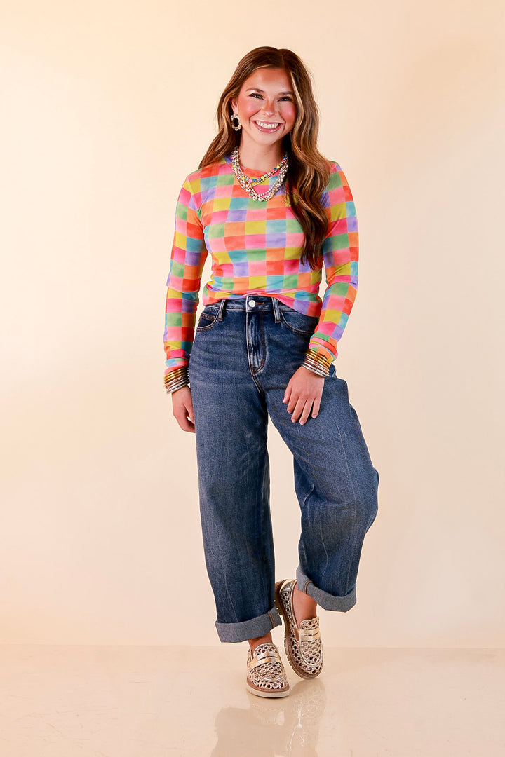The Essential Layer Watercolor Checkered Print Sheer Mesh Long Sleeve Top in Multicolor