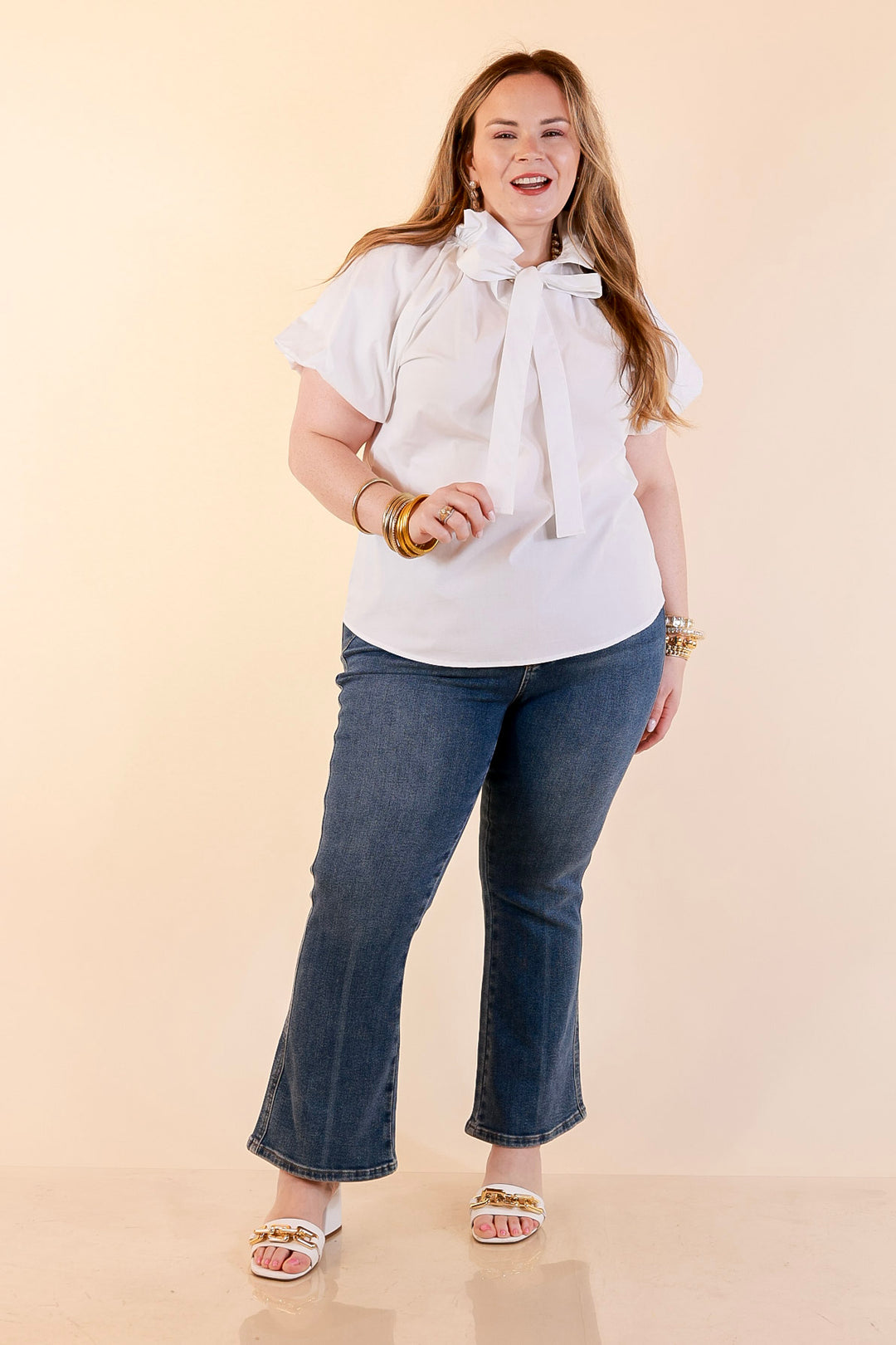 Make It Memorable Short Puff Sleeve Tie Neck Blouse with Gathered Neckline in White