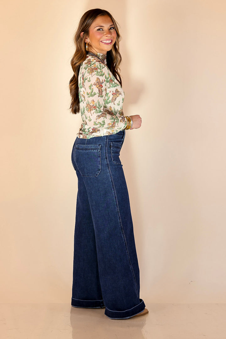 Western Dream Cowboy and Cacti Print Long Sleeve Mesh Top in Ivory