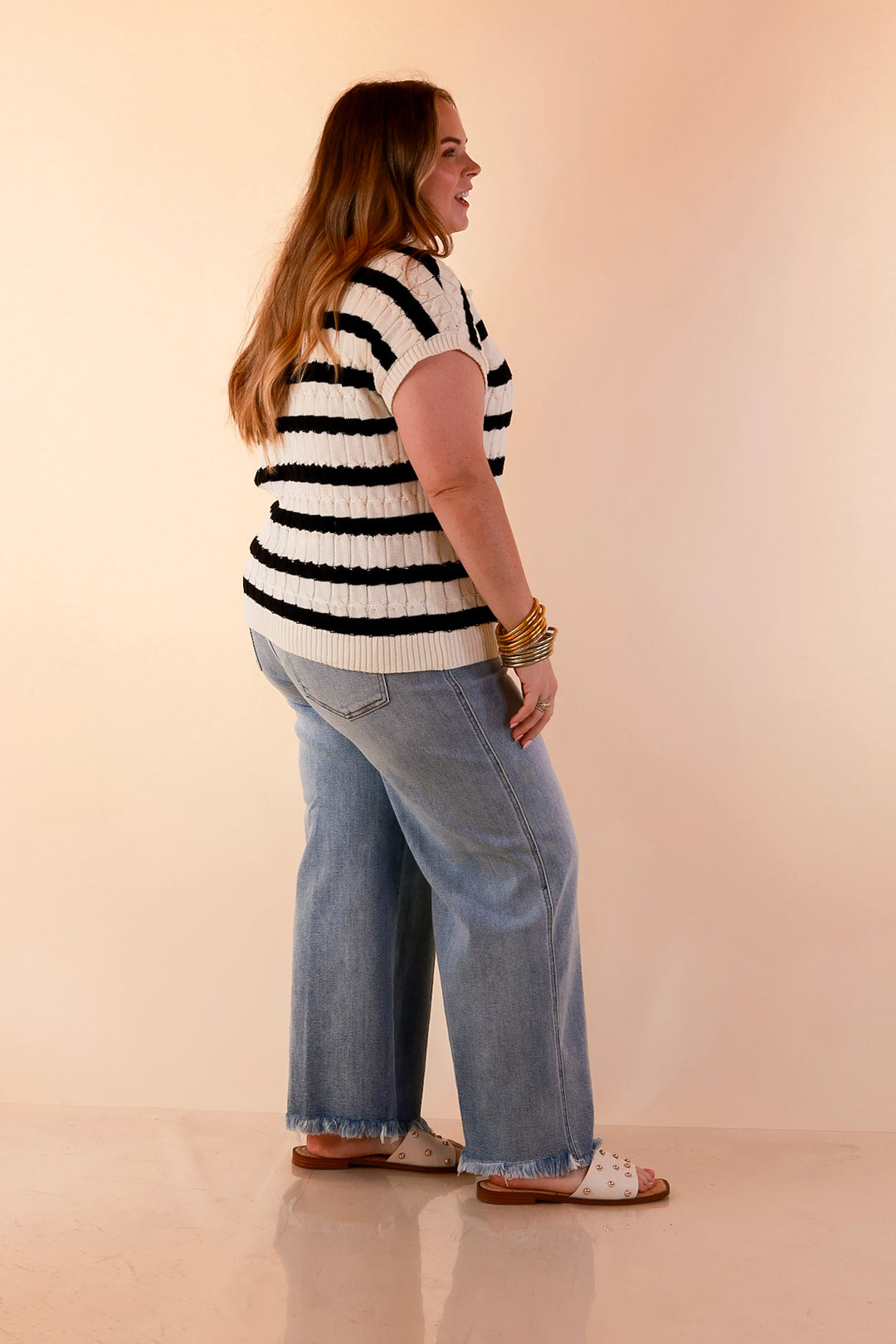 Signature Stripe Drop Shoulder Cable Knit Collared Polo Top in Ivory with Black Stripes