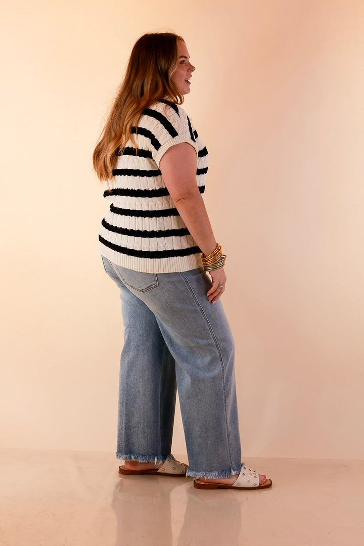Signature Stripe Drop Shoulder Cable Knit Collared Polo Top in Ivory with Black Stripes