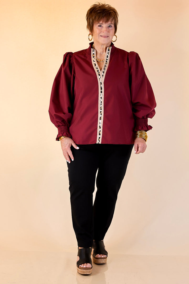 Trimmed in Style Puff Long Sleeve Blouse with Contrast Leopard Trim and Ruffle in Maroon
