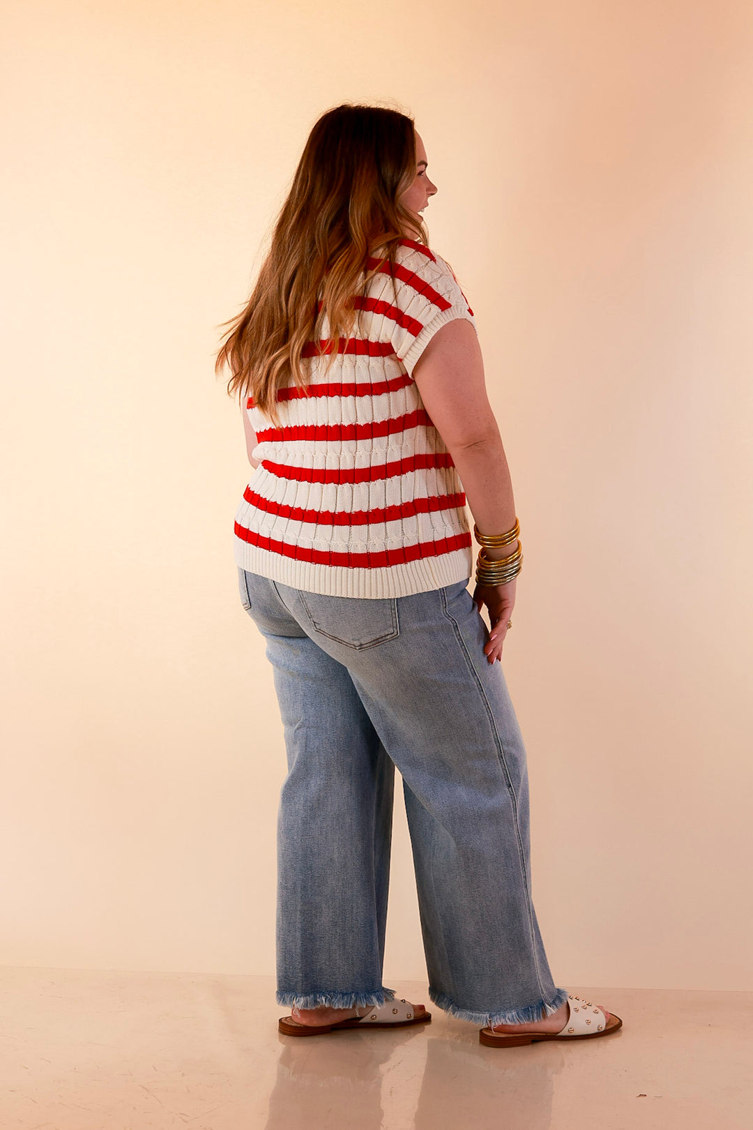 Signature Stripe Drop Shoulder Cable Knit Collared Polo Top in Ivory with Red Stripes