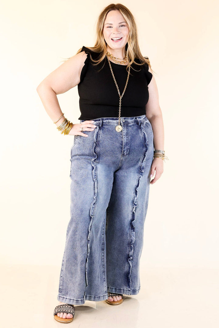 Ripple & Roll Denim Wide Leg Jean with Ruffled Front Seam in Acid Wash