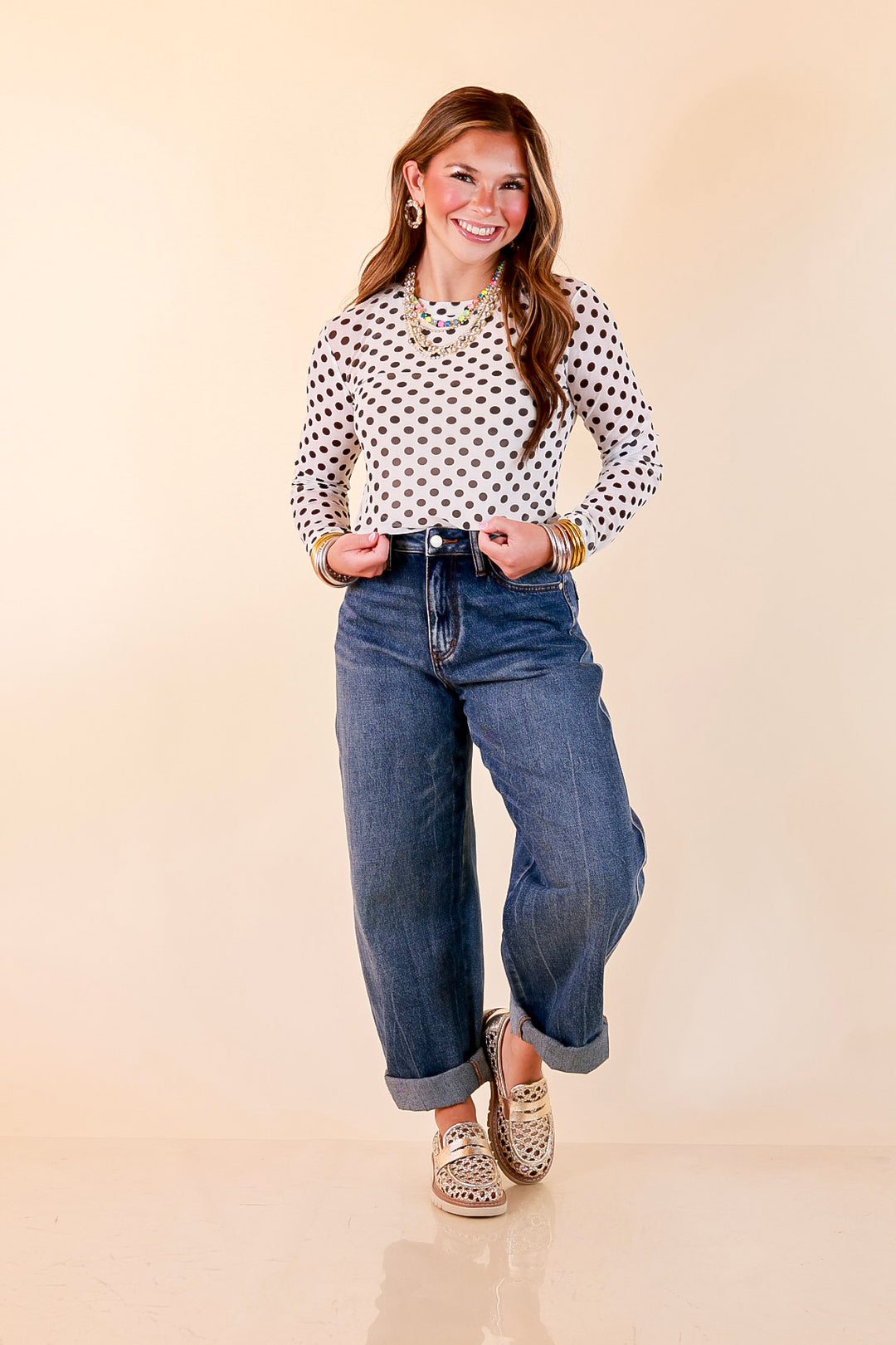 The Essential Layer Black Polka Dot Print Sheer Mesh Long Sleeve Top in White