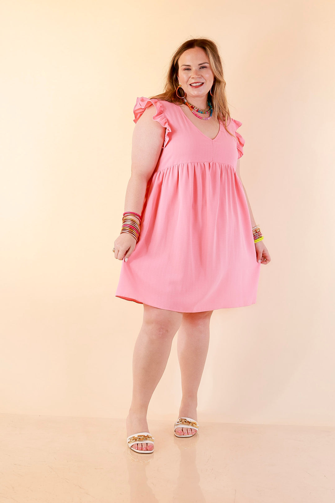 Capture Your Attention V Neck Dress with Ruffle Cap Sleeves in Bubblegum Pink