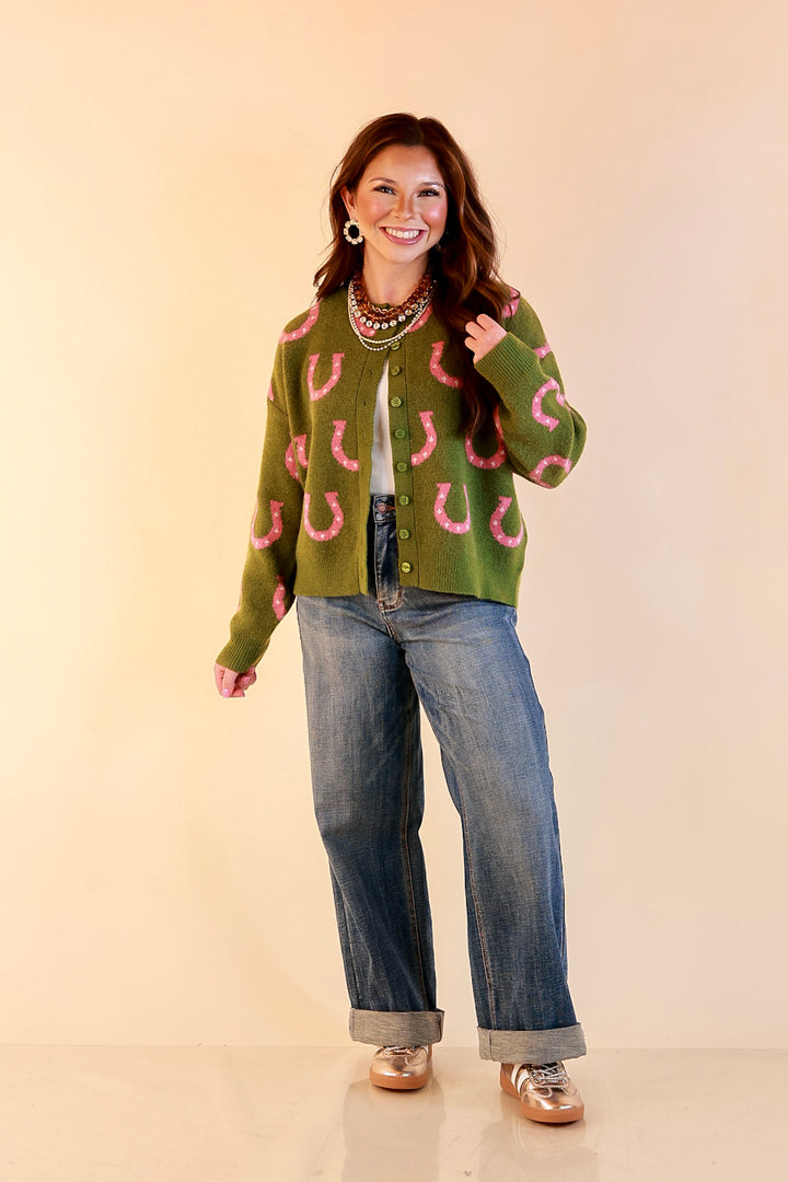 Lucky in Love Horseshoe Print Button Front Cardigan Sweater in Olive Green and Pink