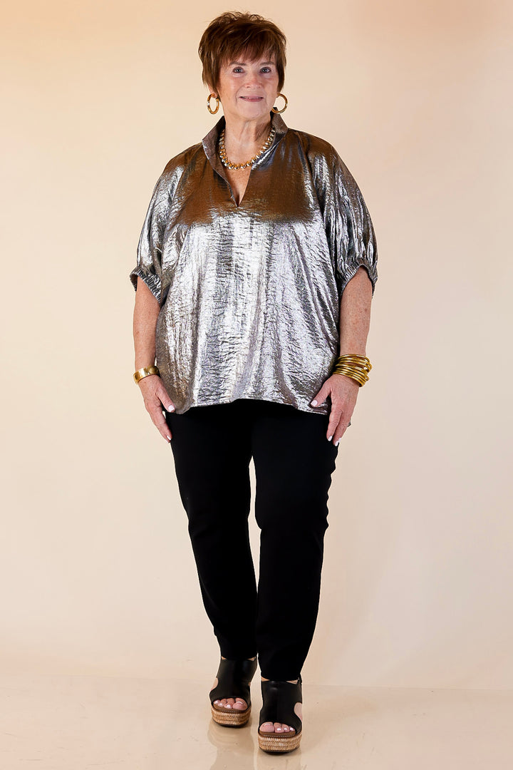 Naturally Stylish Shimmer Metallic Poncho Top in Silver