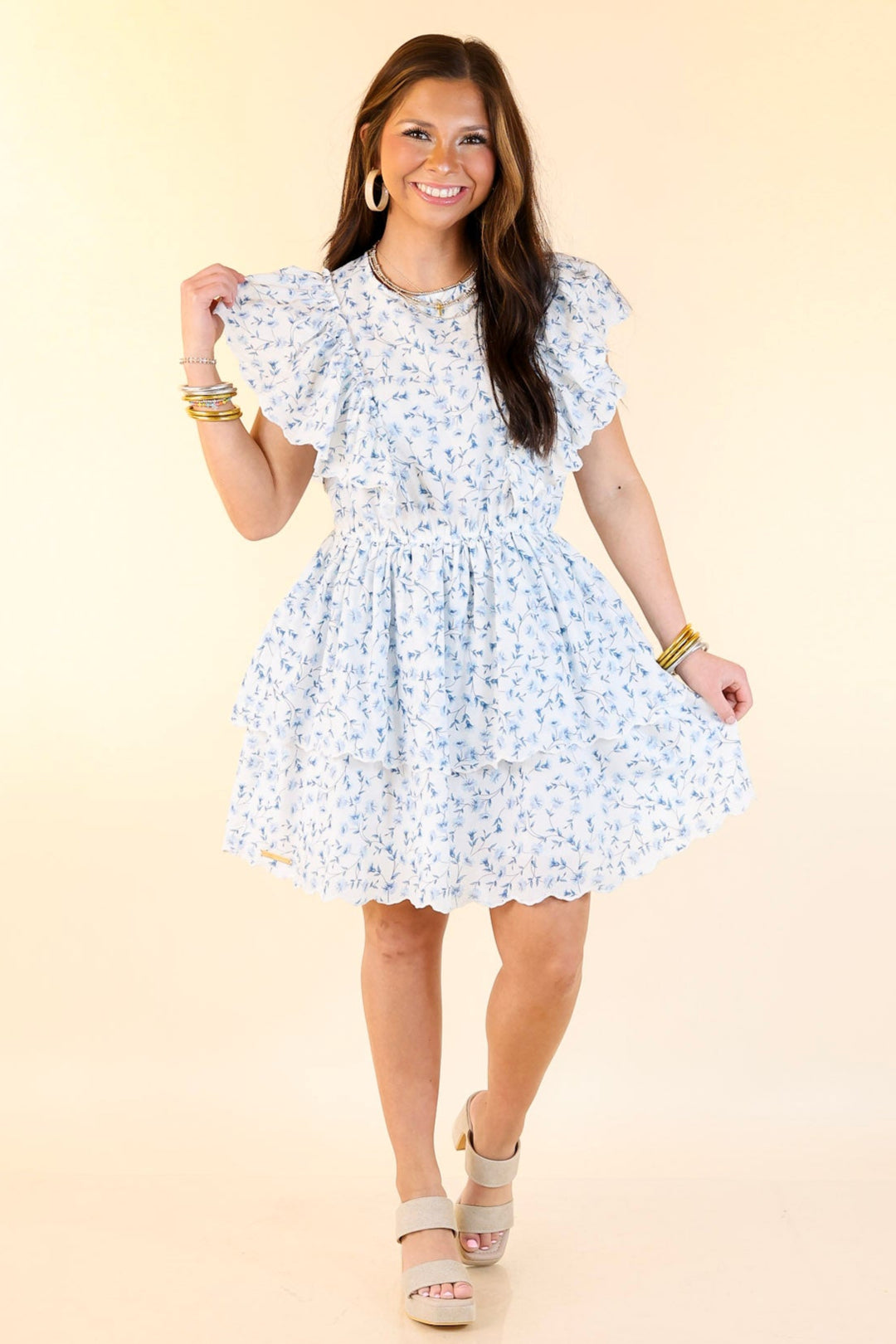 Simply Southern | Daisy Dreams Tiered Floral Print Dress with Ruffle Cap Sleeves in White
