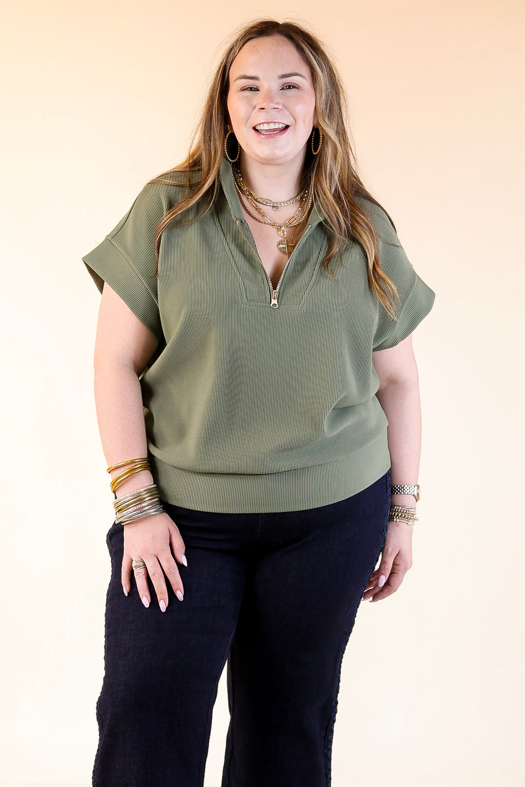 Top Priority Half Zip Collared Ribbed Top in Olive Green