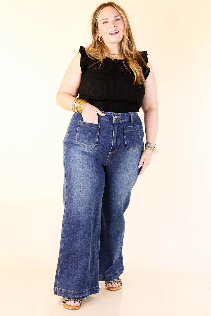 Patch Me In Denim Wide Leg Jean with Front Patch Pocket in Dark Wash