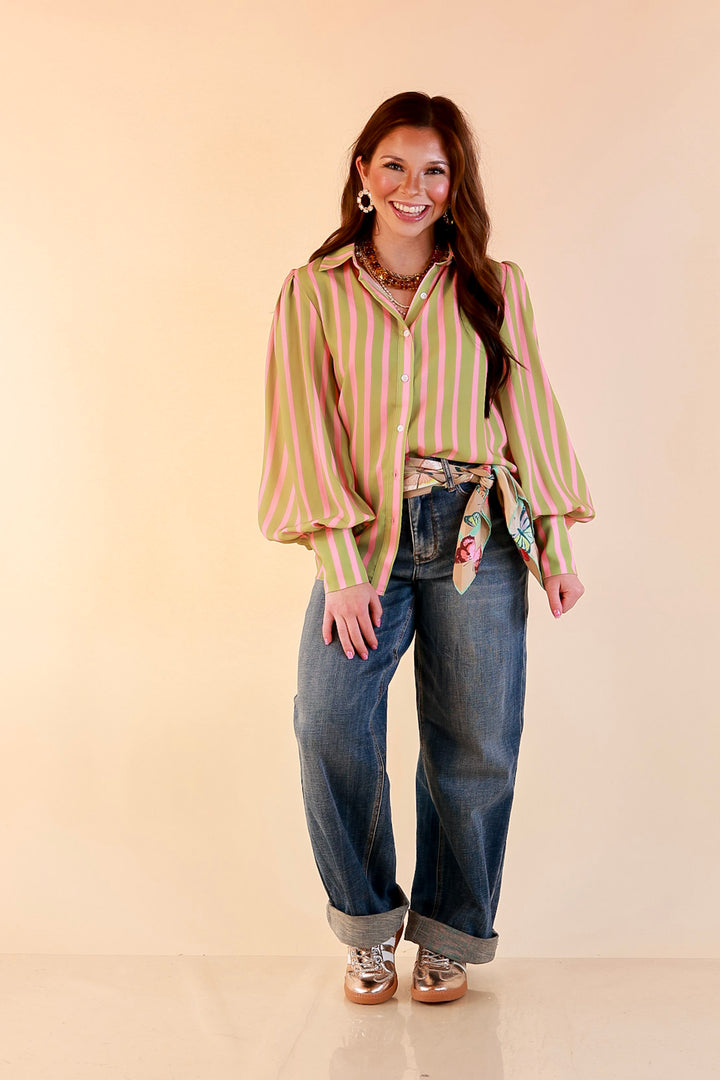 Better Together Stripe Button Up Collared Top with Poofy Sleeves in Olive Green and Pink